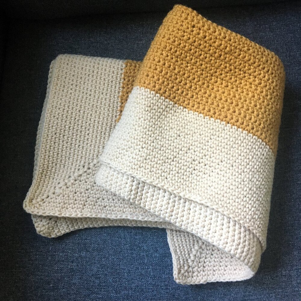 Hand Crocheted Two Tone Mustard Yellow Cream Border Lap Blanket Throw
